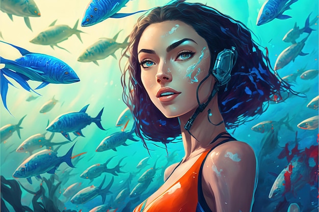 Chica joven nadando Mujer joven buceando con un banco de peces en el mar Pintura de ilustración de estilo de arte digital