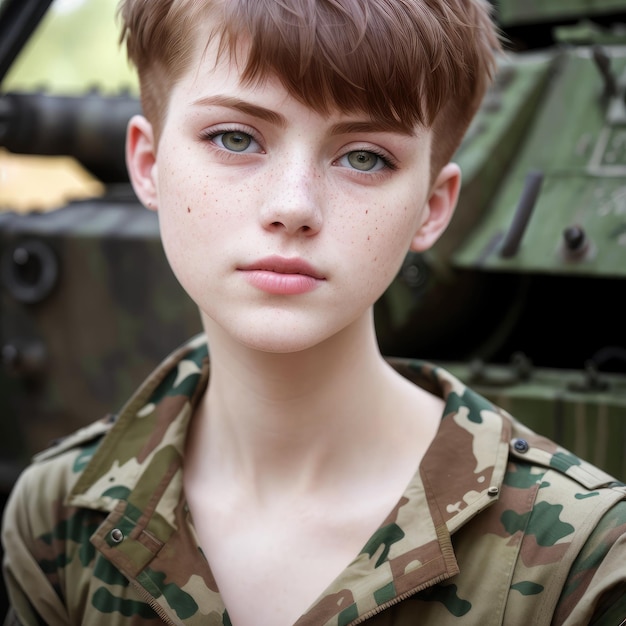Una chica joven con pecas y un uniforme militar verde.