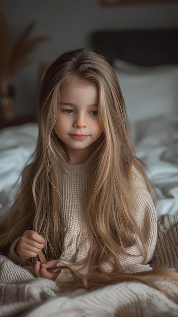 Una chica joven se peina el pelo largo