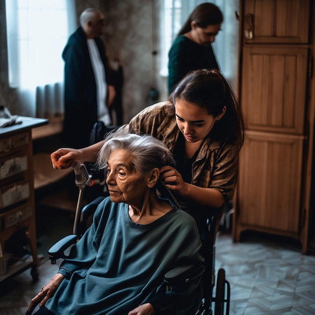 Chica joven peinando a una anciana discapacitada en silla de ruedas que cuida a personas discapacitadas