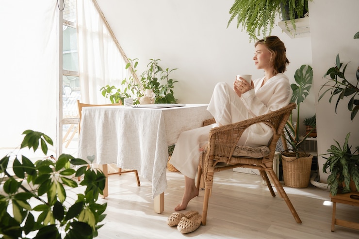 Foto chica joven en un pijama de muselina blanca acogedor hermoso sentado tomando café y piensa en ella