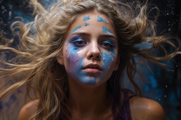 Una chica joven con pintura en la cara jugando al holi.