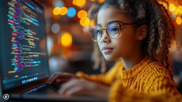 Una chica joven programando en una computadora portátil