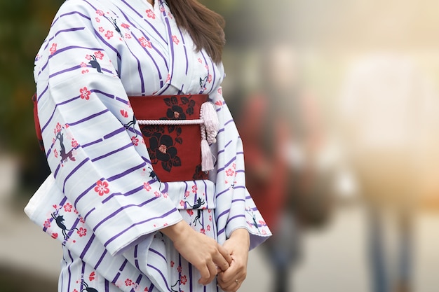 Chica joven que lleva el kimono japonés que se coloca delante de Sensoji