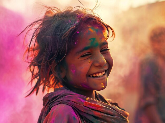 una chica joven sonriendo en polvo colorido