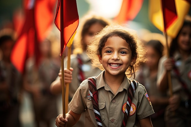 Una chica joven sosteniendo una bandera roja y sonriendo