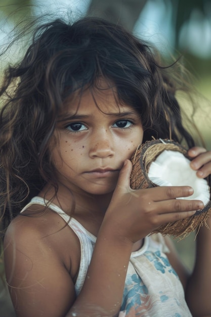 Una chica joven sosteniendo un coco perfecto para diseños con temas tropicales