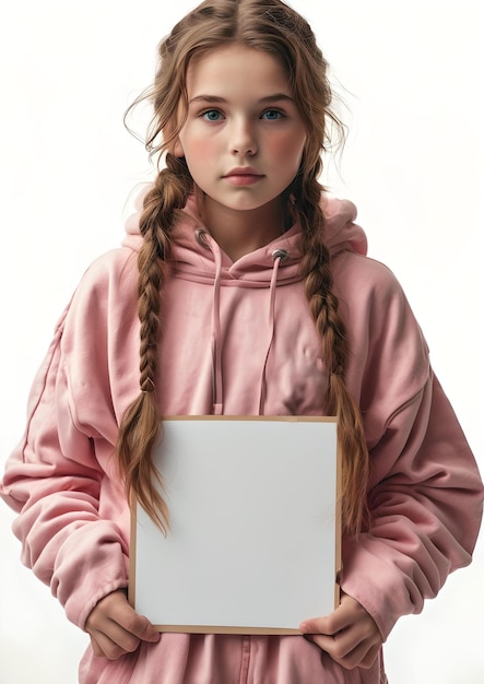 Chica joven con sudadera con capucha rosa sosteniendo un cartel blanco en blanco retrato de estudio de expresión segura ideal para anuncios AI