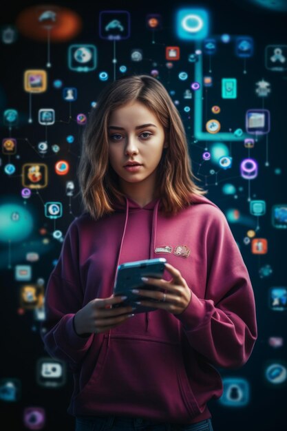 Foto una chica joven usando un teléfono inteligente.