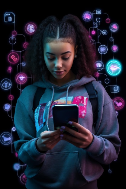 Foto una chica joven usando un teléfono inteligente.