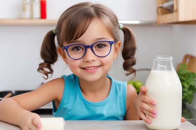 Chica joven con vasos de leche en la cocina