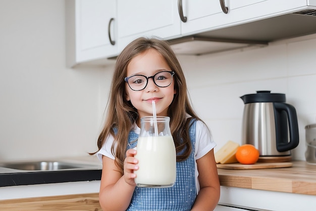 Chica joven con vasos de leche en la cocina