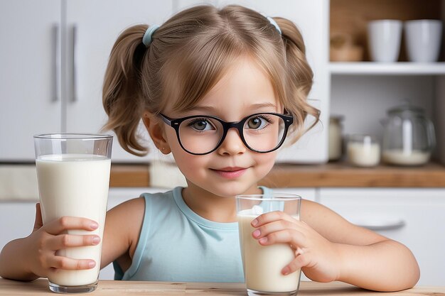 Chica joven con vasos de leche en la cocina