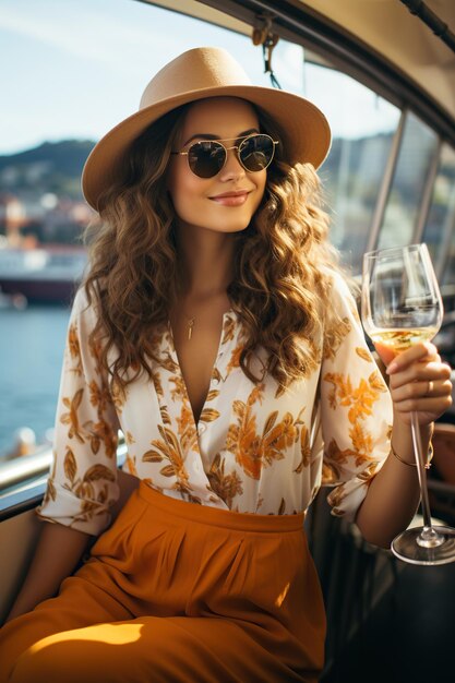 Chica joven en yate de vacaciones en crucero por el mar disfrutando del vino