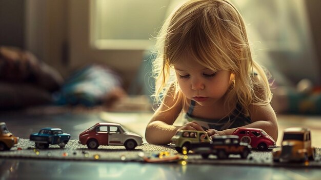 La chica juega a los coches.