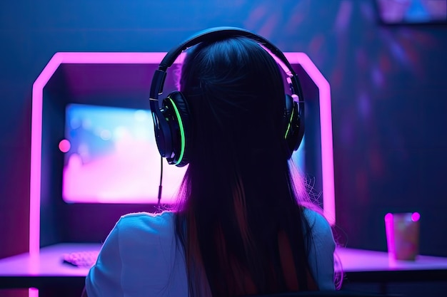 Chica de juegos jugando videojuegos iluminada con luces de neón Ai generativo