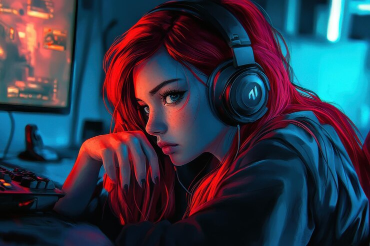 Chica jugador con auriculares jugando a un videojuego en una computadora en una habitación oscura iluminada por luces de neón