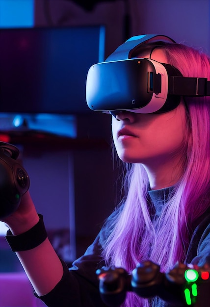 Chica jugadora con auriculares de Realidad Virtual VR en la cabeza estilo cyberpunk juego de computadora nuevo entretenimiento
