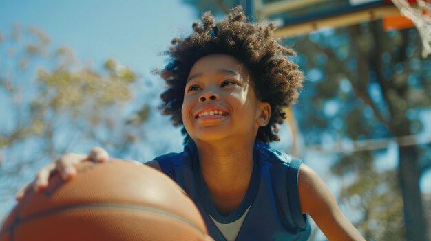 Foto una chica está jugando al baloncesto con una pelota en el aire