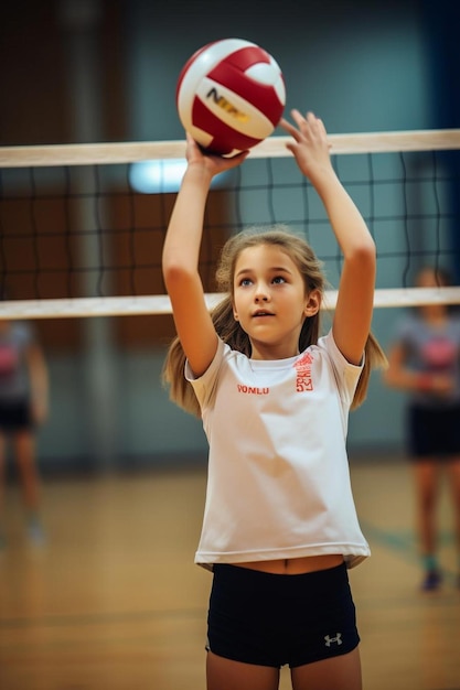 Foto una chica está jugando al voleibol con una camisa que dice gimnasio