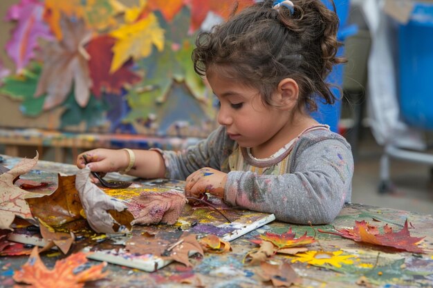 Foto una chica está jugando con un pincel de pintura y una muñeca de papel está en el suelo
