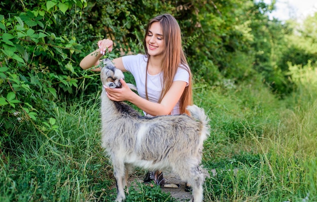 Chica jugar cabra linda Ocupación veterinaria Granja ecológica Amor y cuidado Alimentar a los animales Ley de animales Mujer y cabra pequeña hierba verde Concepto de granja y agricultura Animales del pueblo Proteger a los animales