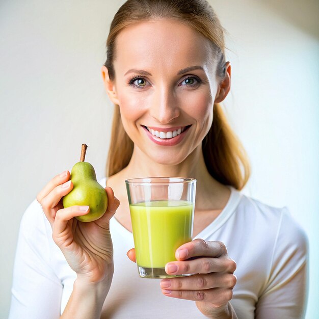 Una chica con jugo de jengibre de pera