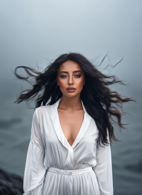 una chica junto al océano con su cabello soplando en el viento