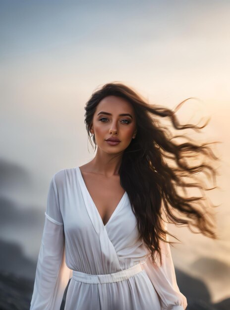 una chica junto al océano con su cabello soplando en el viento