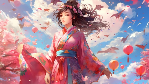 Una chica en kimono anime ilustración