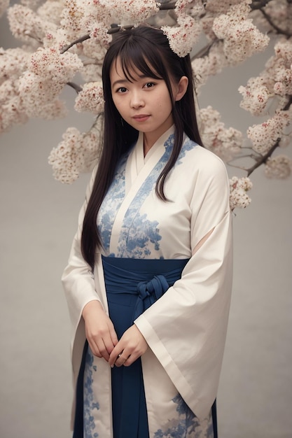 Una chica con un kimono blanco se para frente a un cerezo en flor.