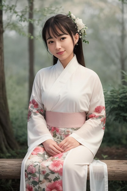 Una chica con un kimono blanco se sienta en un bosque.