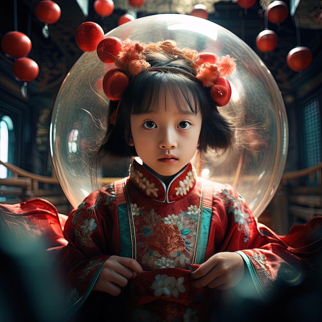 una chica en un kimono chino está de pie frente a una gran burbuja
