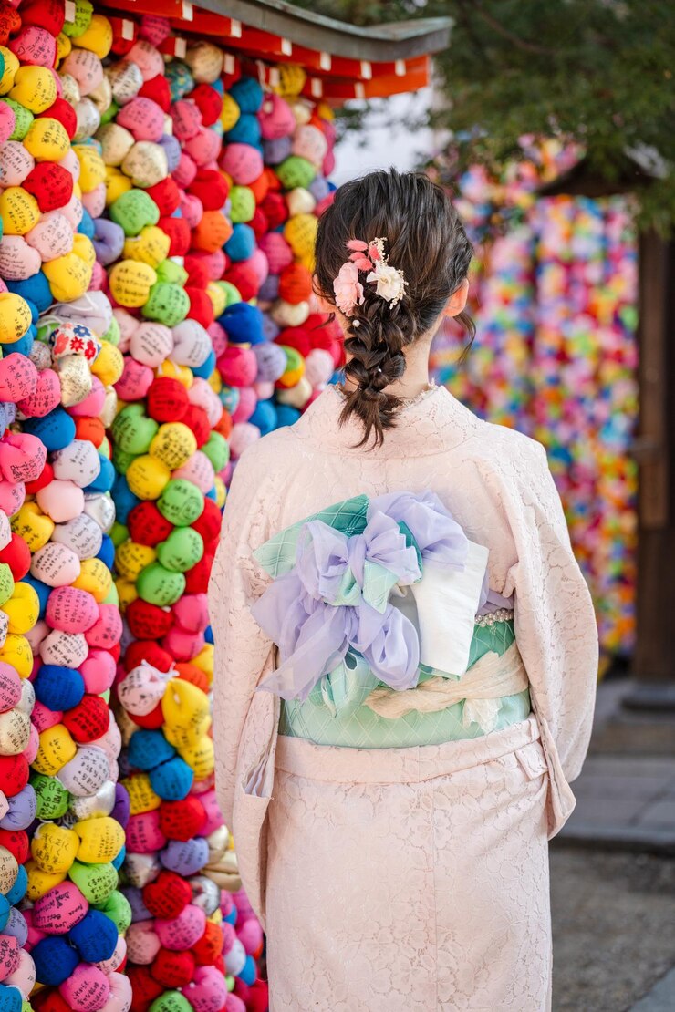 una chica en kimono con una flor en el cabello
