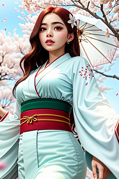 Una chica en kimono con una flor en la cabeza.