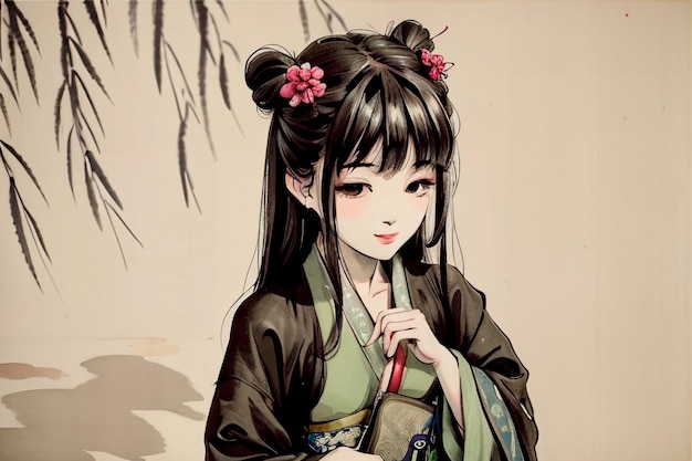 Una chica en kimono con una flor en el pelo.