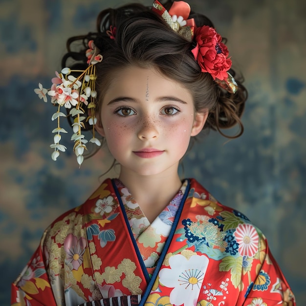 una chica en kimono con flores en el cabello