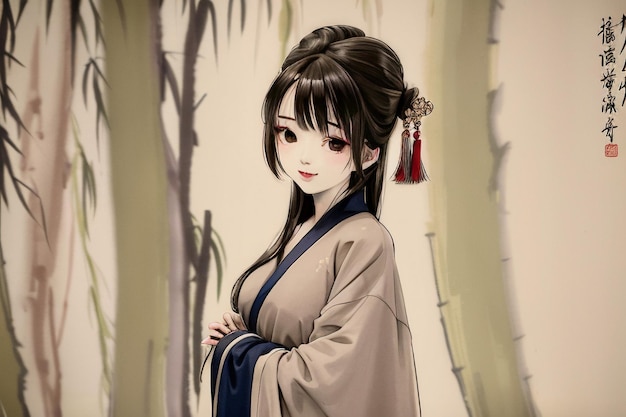 Una chica con kimono se para frente a un bosque.