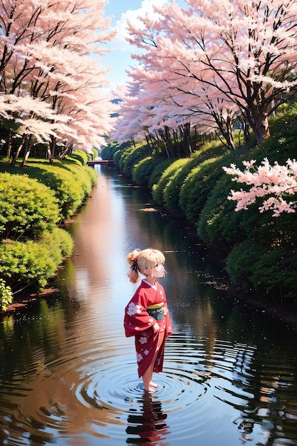 una chica con un kimono en el lago