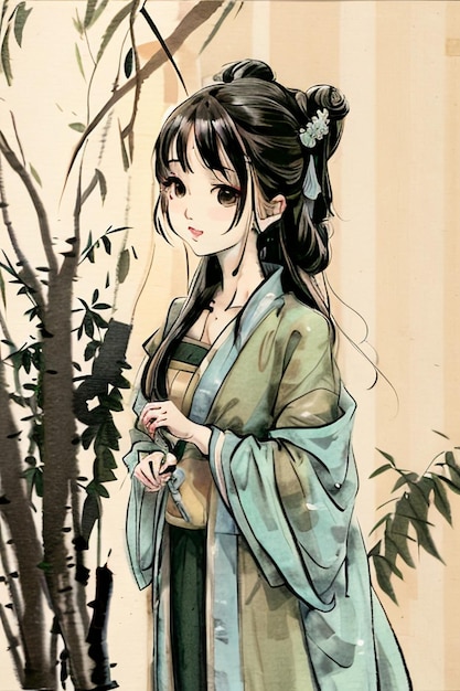 Una chica en kimono con el nombre de geisha.