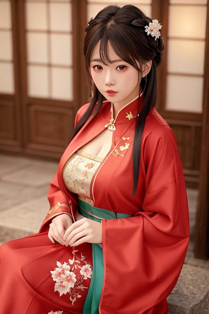 Una chica con un kimono rojo con la palabra hanfu en el frente.