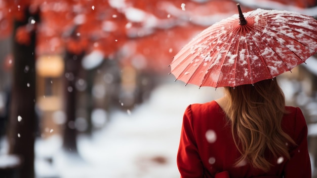 una chica en kimono rojo con paraguas con nieve blanca Hokkaido Japón