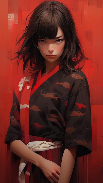 una chica con un kimono rojo en el pecho