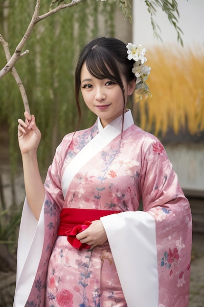 Una chica con un kimono rosa posa para una foto.