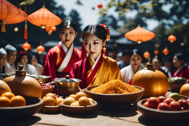 Foto una chica en kimono se sienta frente a una mesa con cuencos de comida y una linterna.