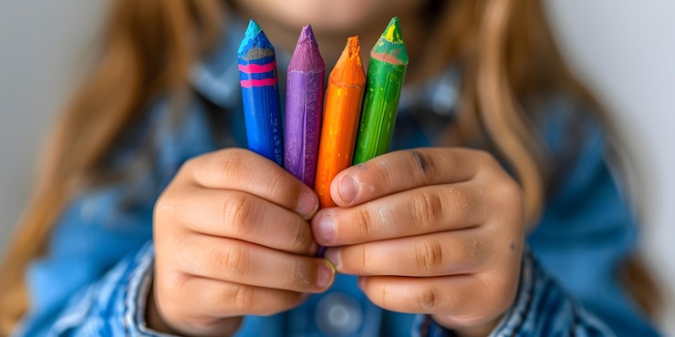 una chica con lápices de colores y un bolígrafo en sus manos