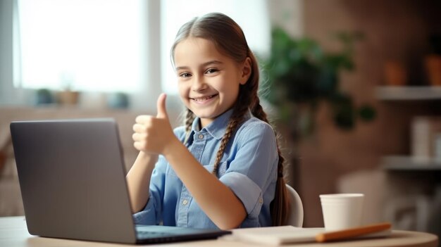 Una chica con una laptop y un pulgar hacia arriba.