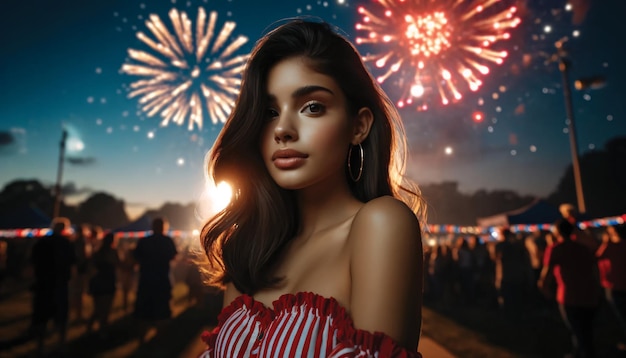 Una chica latina celebrando el Día de la Independencia con fuegos artificiales el 4 de julio