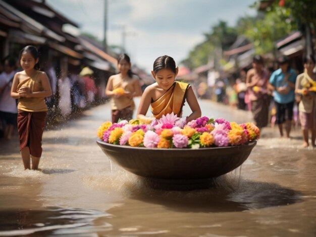 Foto una chica lavándose en el agua con flores en sus manos