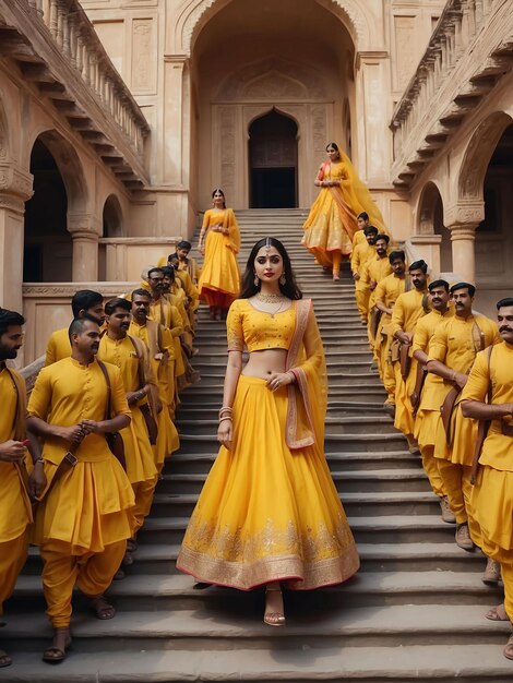 Foto una chica en una lehenga amarilla está caminando por las escaleras reales seguida por muchos hombres del ejército